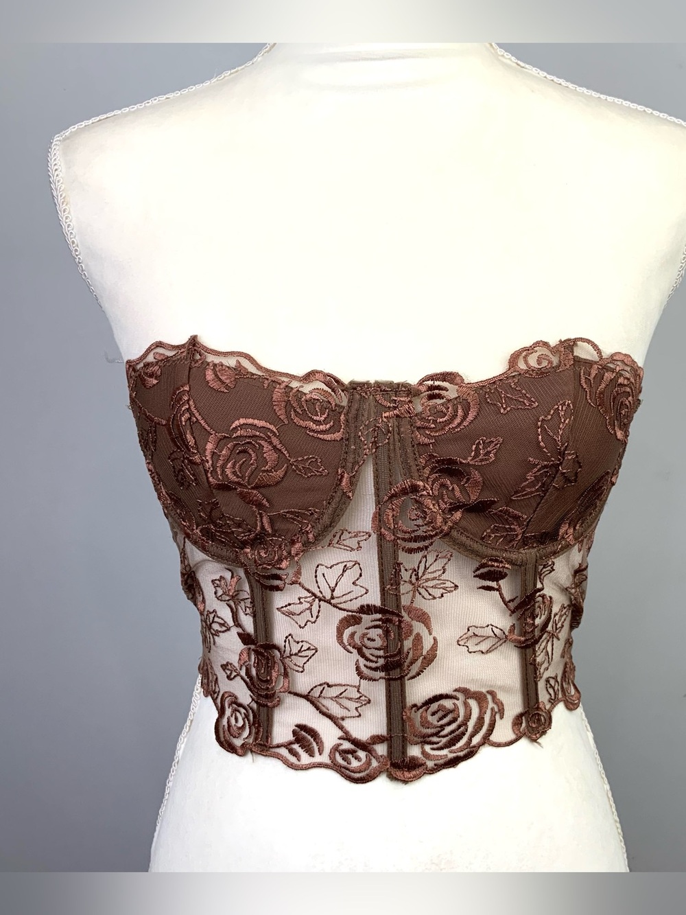 Brown Floral Lace Corset Bustier Sheer Rose Strapless Crop Sz Small Stretch Sexy